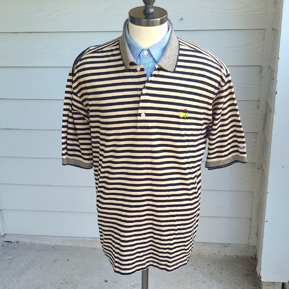 MASTERS Tan Black Striped Two Ply Mercerized‎ Cotton XL Polo Short Sleeve Shirt
